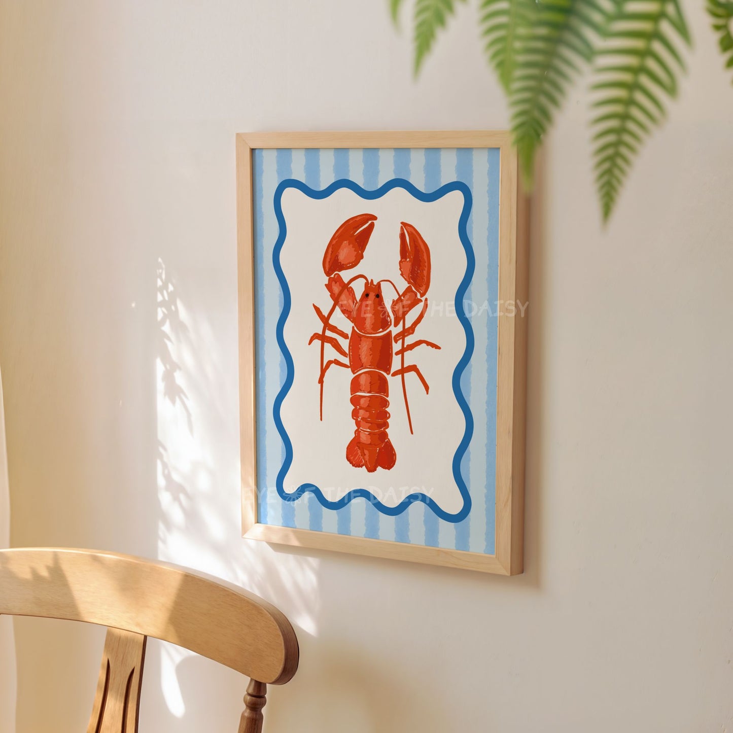 Trendy hand drawn red lobster illustration digital download print with quirky blue striped border