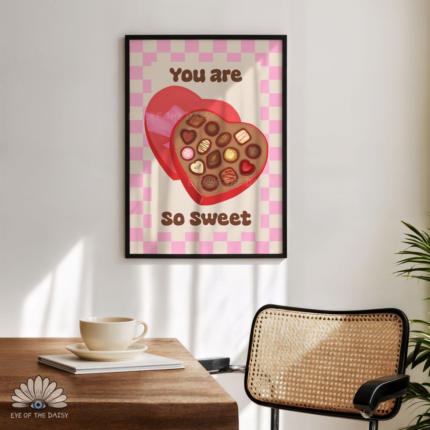 Trendy retro style printable poster, heart chocolate box illustration, fun dopamine decor for kitchen or living space