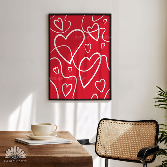Contemporary maximalist abstract heart line art printable wall art on red, trendy print digital download for dorms