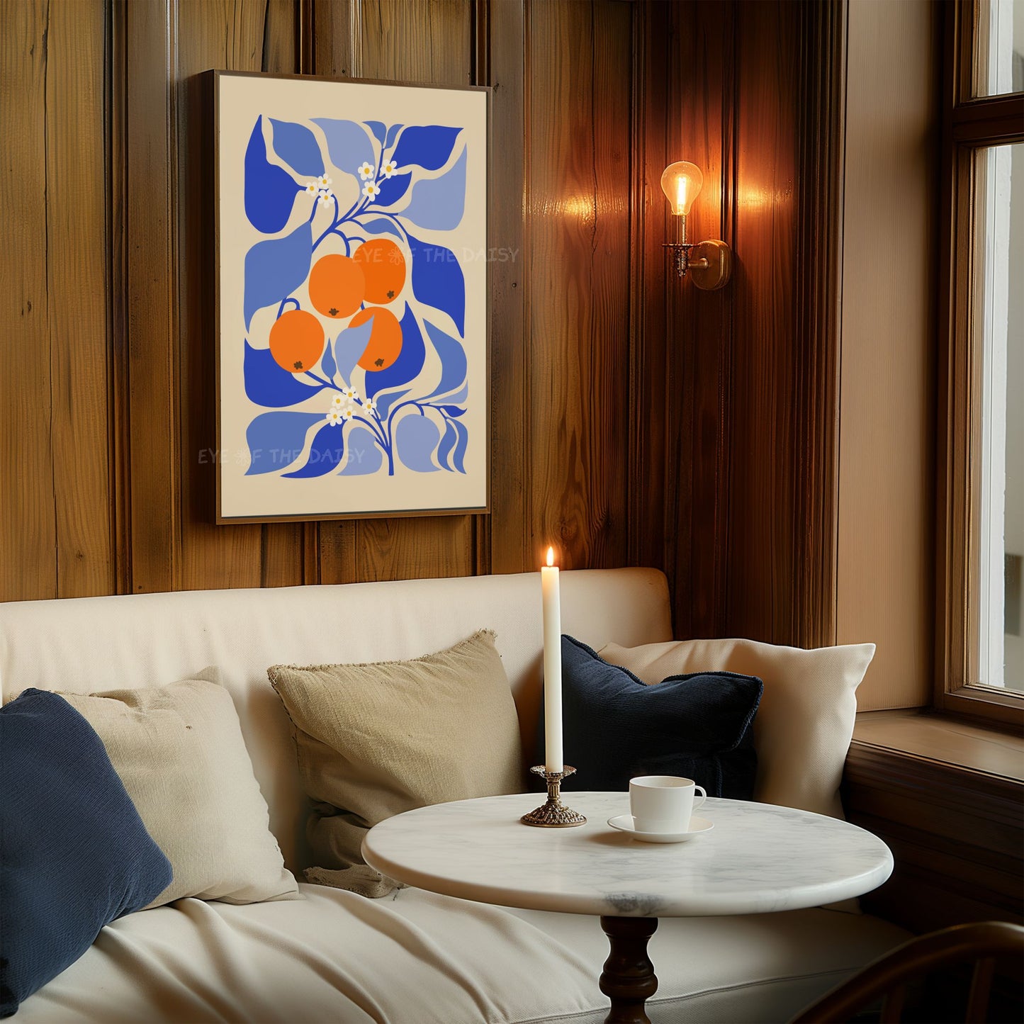 Stylized orange tree printable poster in modern botanical style – royal blue and orange vibrant dining room poster