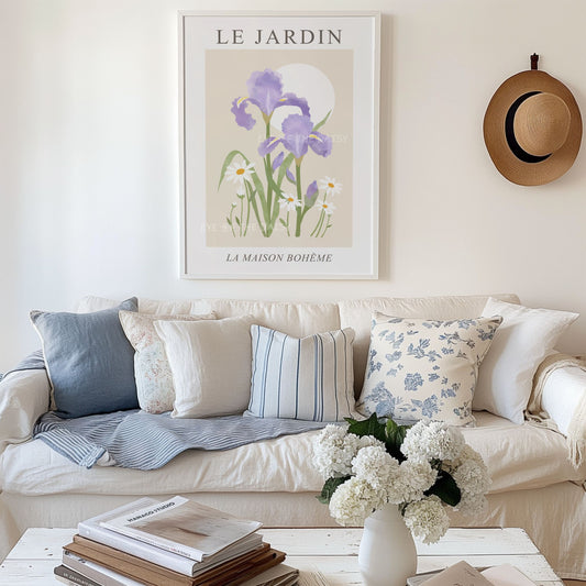 Iris flower printable wall art – soft pastel botanical print, downloadable DIY decor perfect for a modern boho or French living room decor