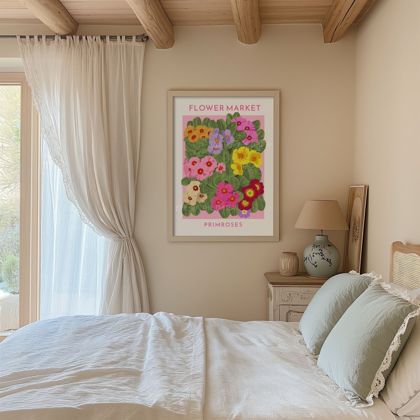 Flower Market printable wall decor with pink, purple, and yellow primroses – modern contemporary floral decor