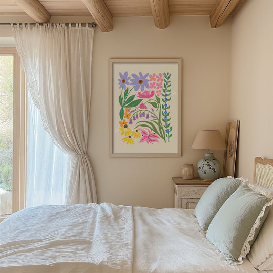 Pastel colorful abstract floral art print with in pink, lilac, purple, blue, green, yellow and orange on beige in a vintage country farmhouse bedroom