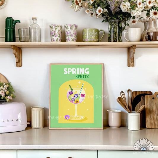 Floral Spring cocktail wall art printable, whimsical Easter party sign or Spring bar cart decor