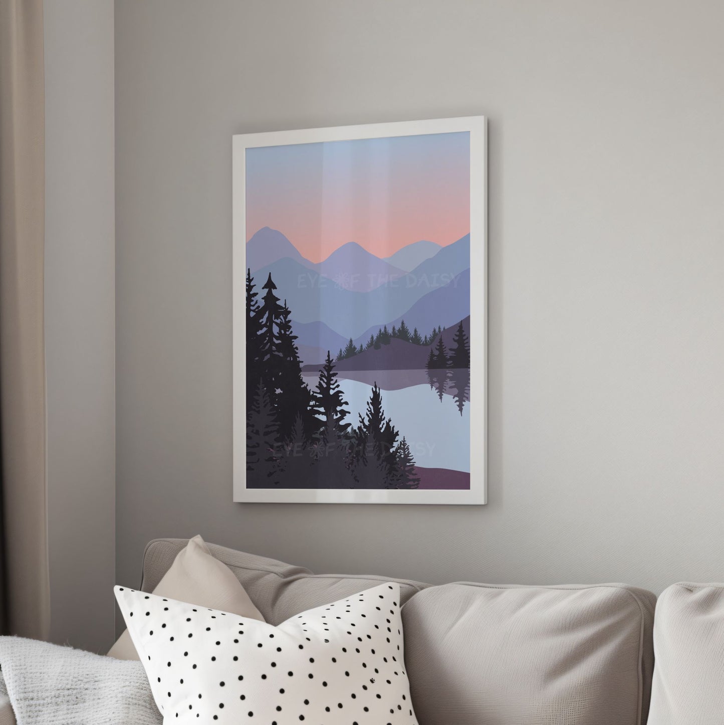 Abstract mountain printable poster of a mountain, trees and lake scene in lilac, blue, peach, purple and grey colours