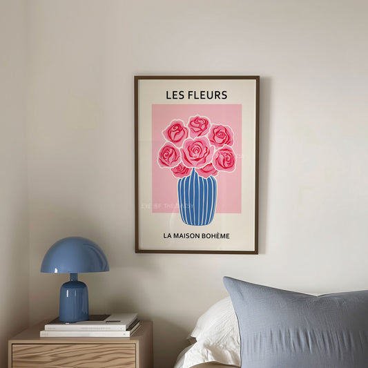 Bold floral printable wall art — pink and red roses in blue vase, vibrant abstract digital download for a trendy blue bedroom
