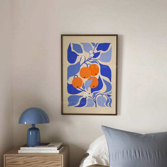 Hand drawn abstract orange tree wall decor in vibrant royal blue and orange – dopamine style botanical art print for trendy rental wall decor
