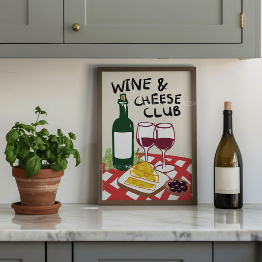 Funny food and drink poster – Wine & Cheese Club printable wall art, downloadable artwork for kitchens or trendy apartment decor