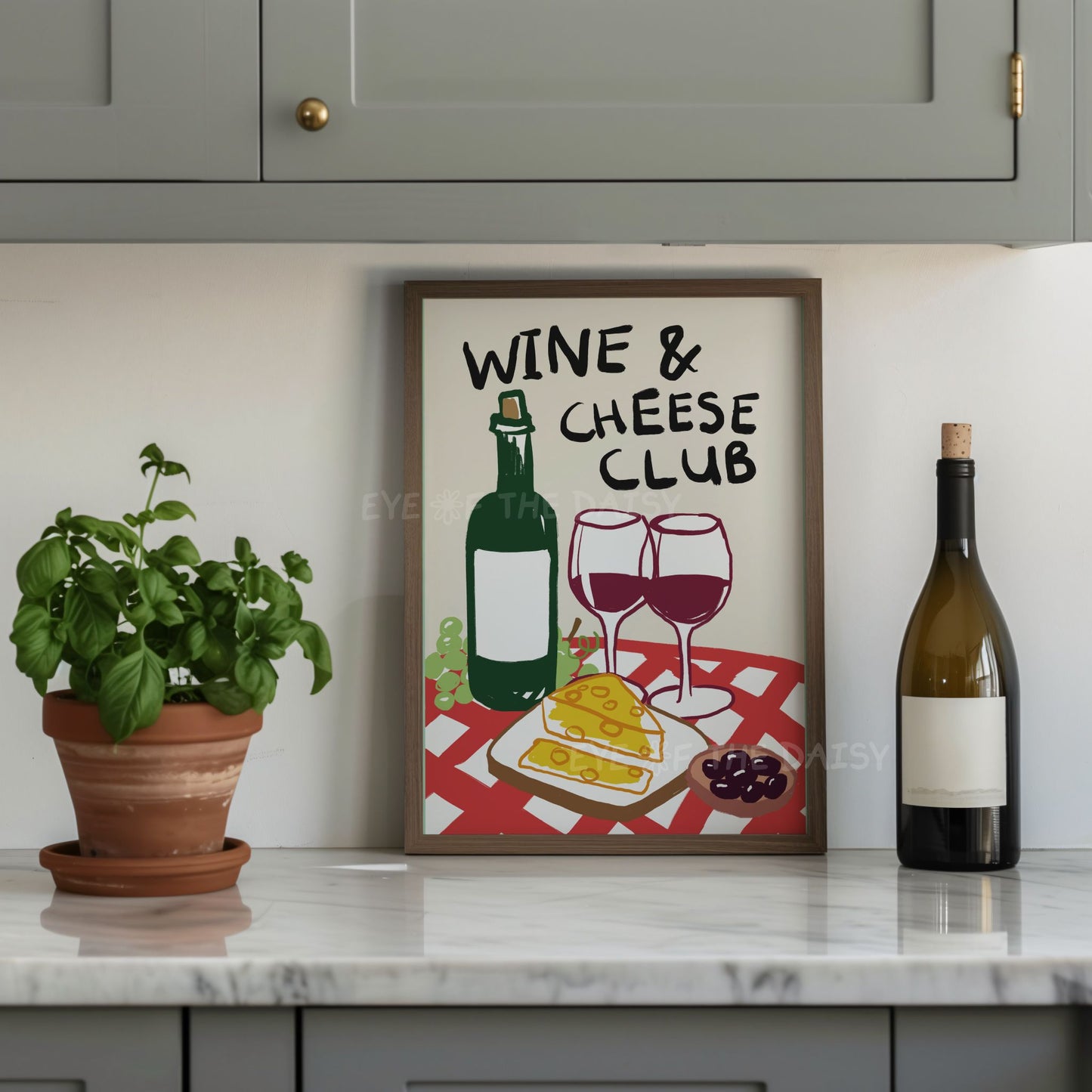Colourful wine and cheese club poster – trendy foodie printable wall art for dining room or dinner party