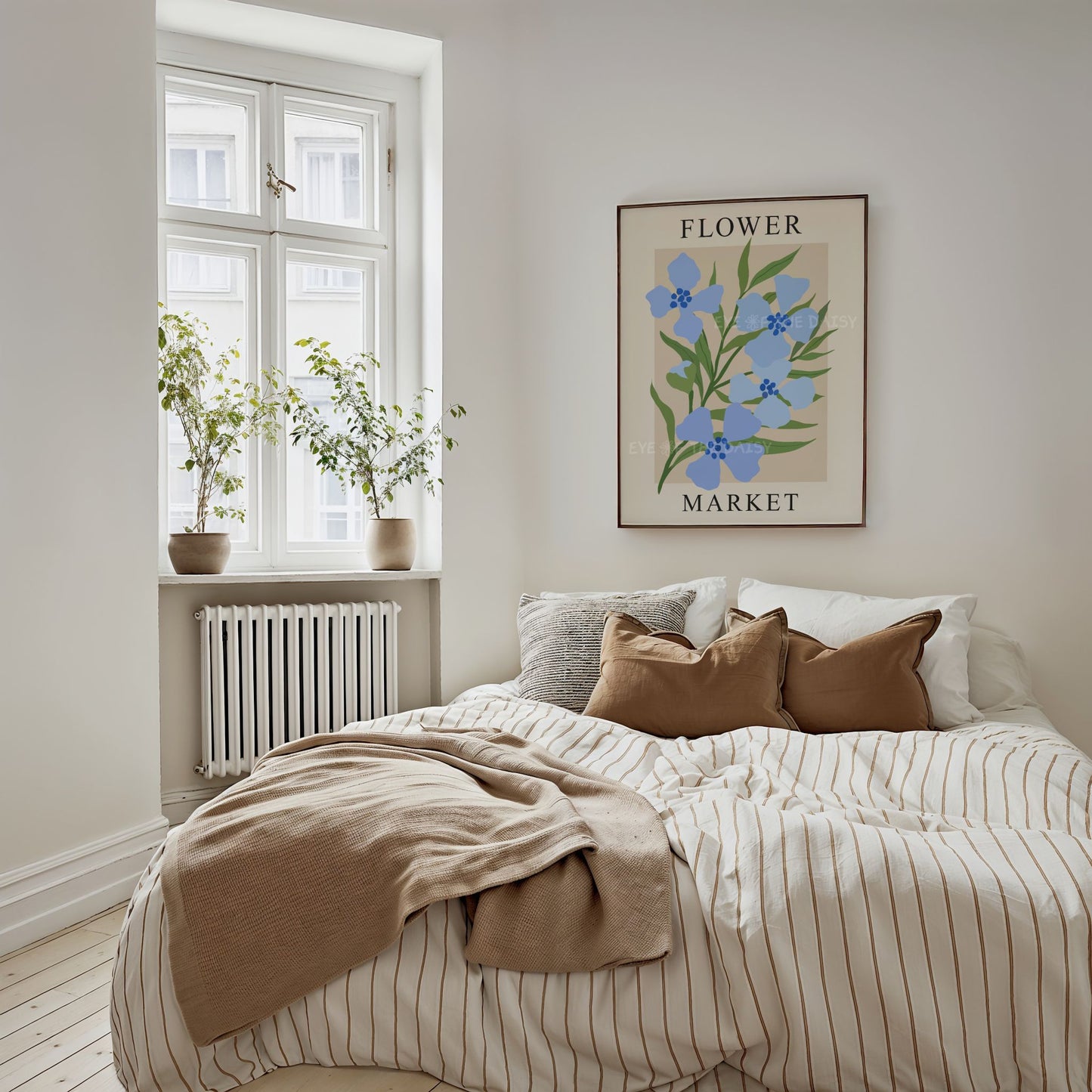 Boho Flower Market art print, minimal botanical wall décor in soft blue tones, wall print download for calm, modern minimalist bedroom