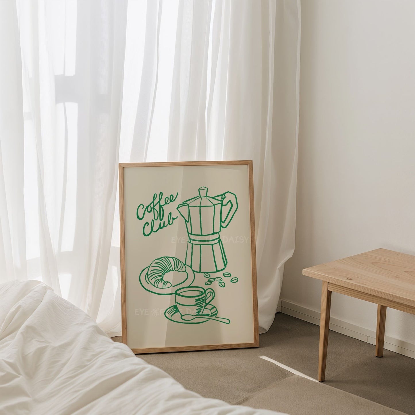 Contemporary coffee bar print with 'Coffee Club' modern hand drawn illustration of coffee & croissant