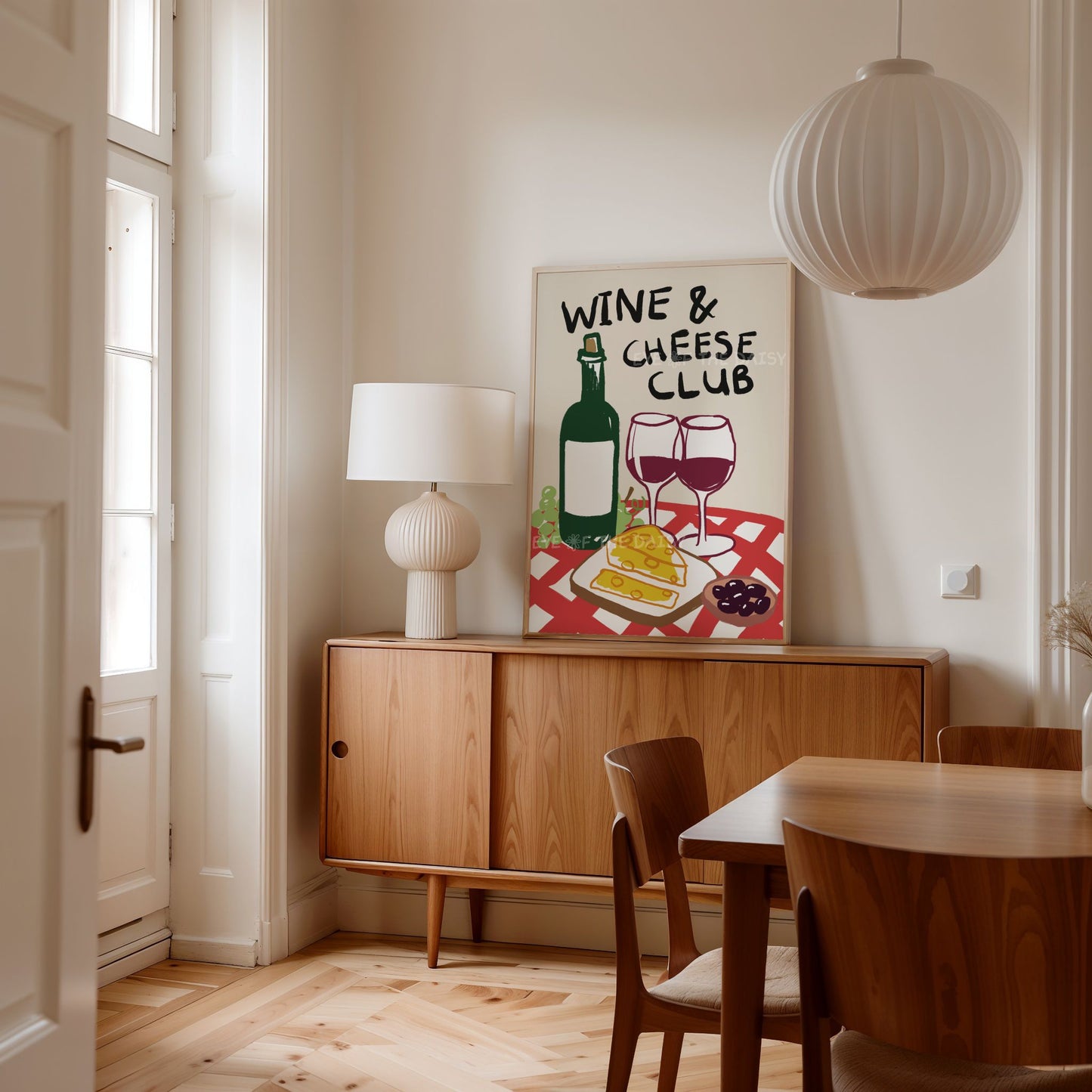 Wine & Cheese Club art print – downloadable food and drink poster for a trendy Scandi style apartment