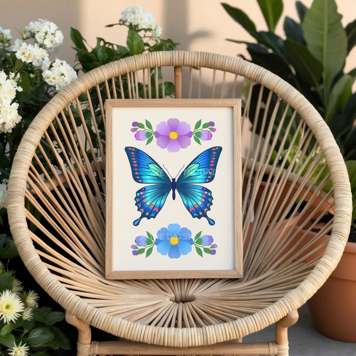 A vibrant blue and purple floral butterfly art print displayed resting in a wicker chair