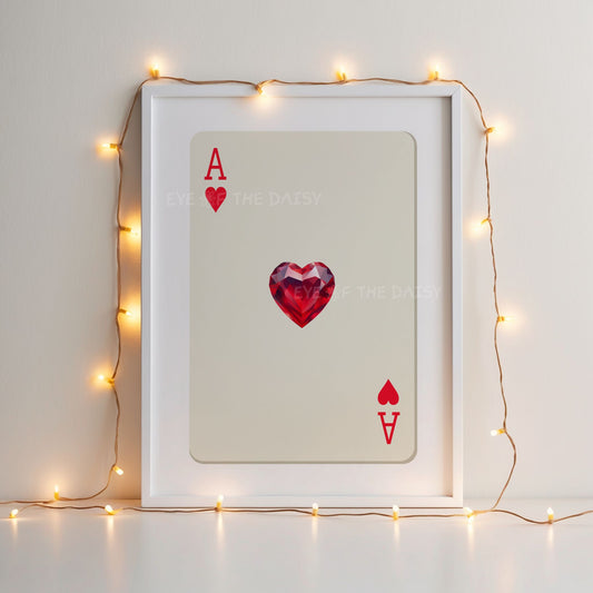 Whimsical red and beige Ace of Hearts art print — printable wall art download for eclectic bedrooms with bold dopamine decor style