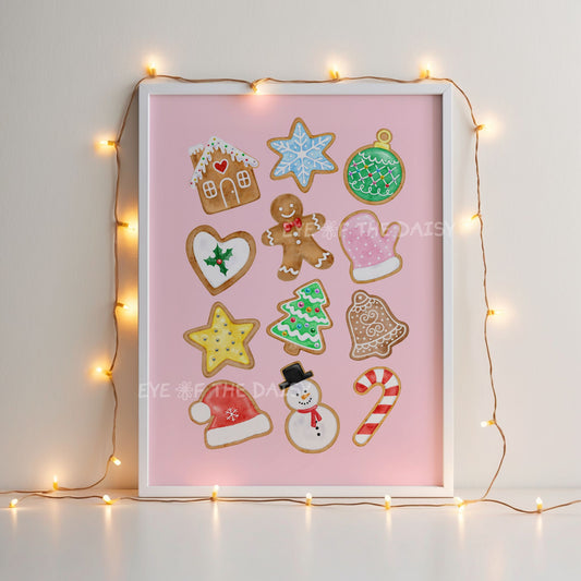 Gingerbread Cookies Print Digital Download | Pink Christmas Kitchen Printable Wall Art