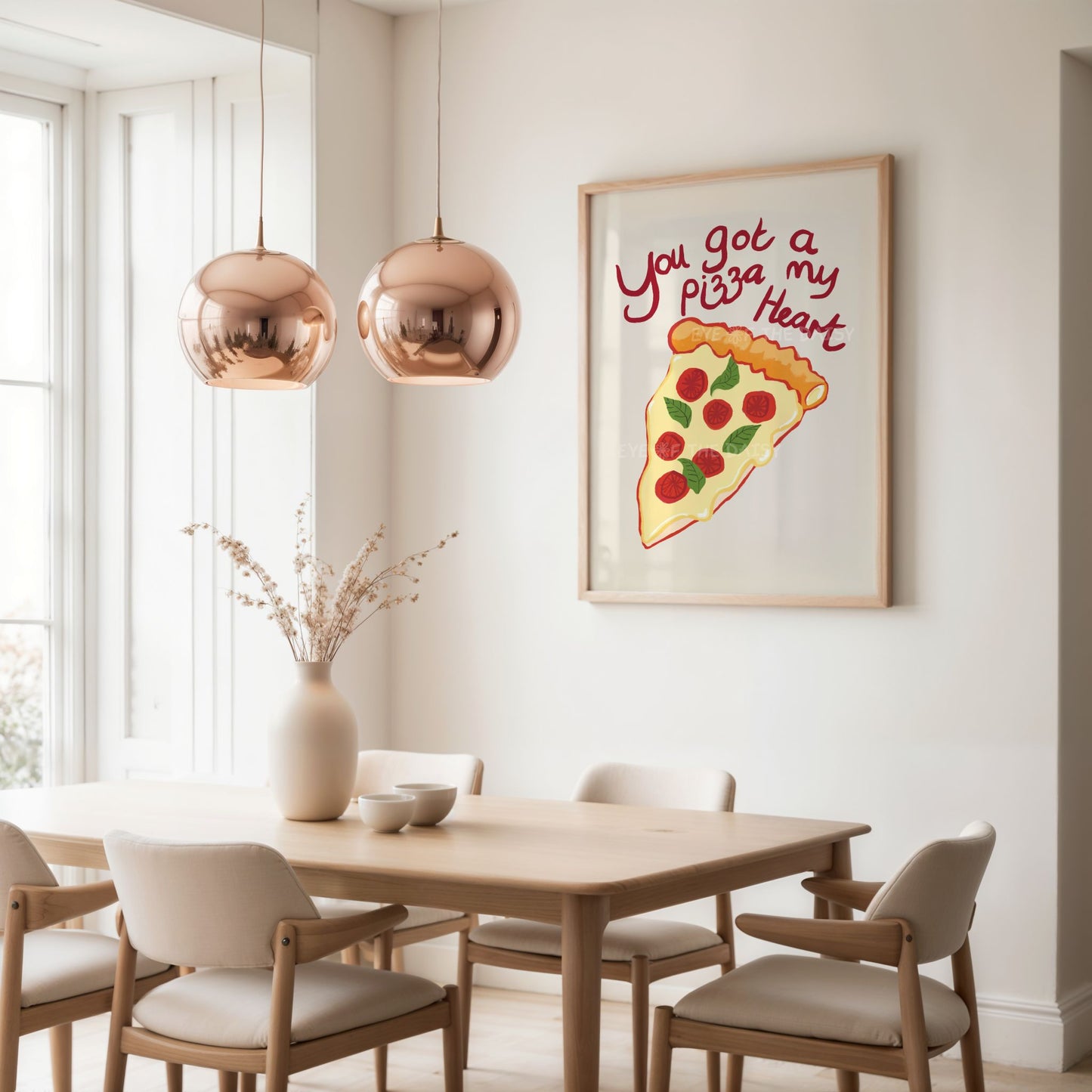 Trendy hand drawn pizza print, printable art for dining room decor, makes a great dinner party printable wall print