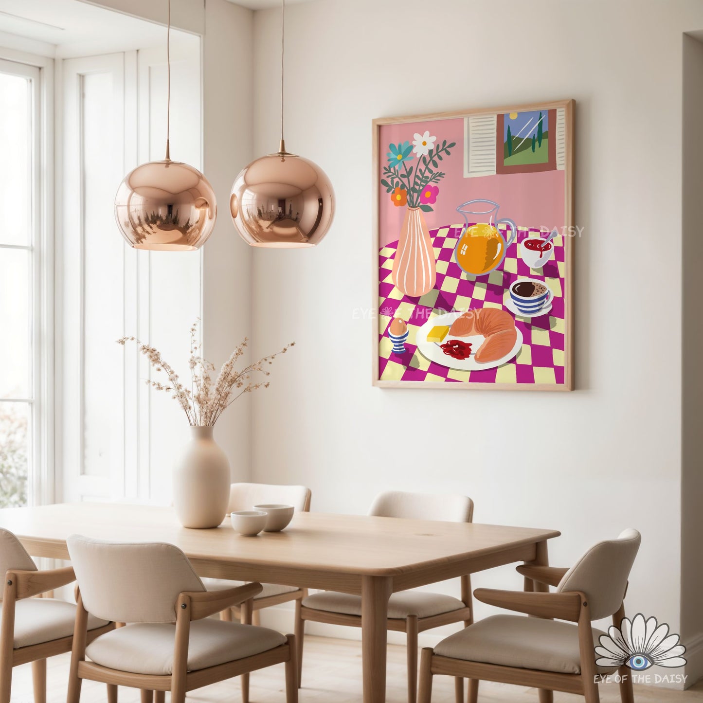 Breakfast Table Illustration Digital Print | Croissant Eggs Coffee Food Printable Wall Art