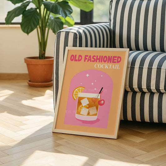 Colourful retro Old Fashioned cocktail illustration printable wall art with text in vibrant pink and orange