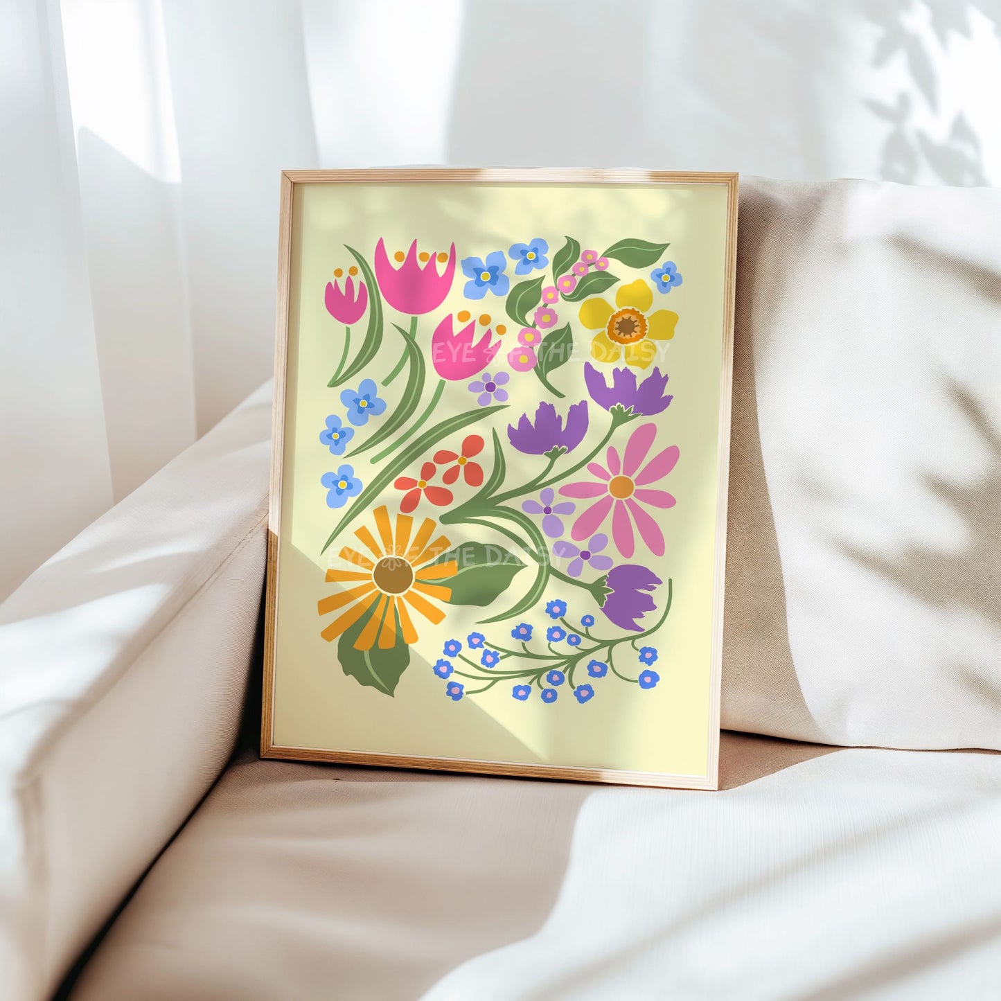 Pastel floral abstract artwork with colourful flowers on a lemon yellow background, Spring flowers printable wall art