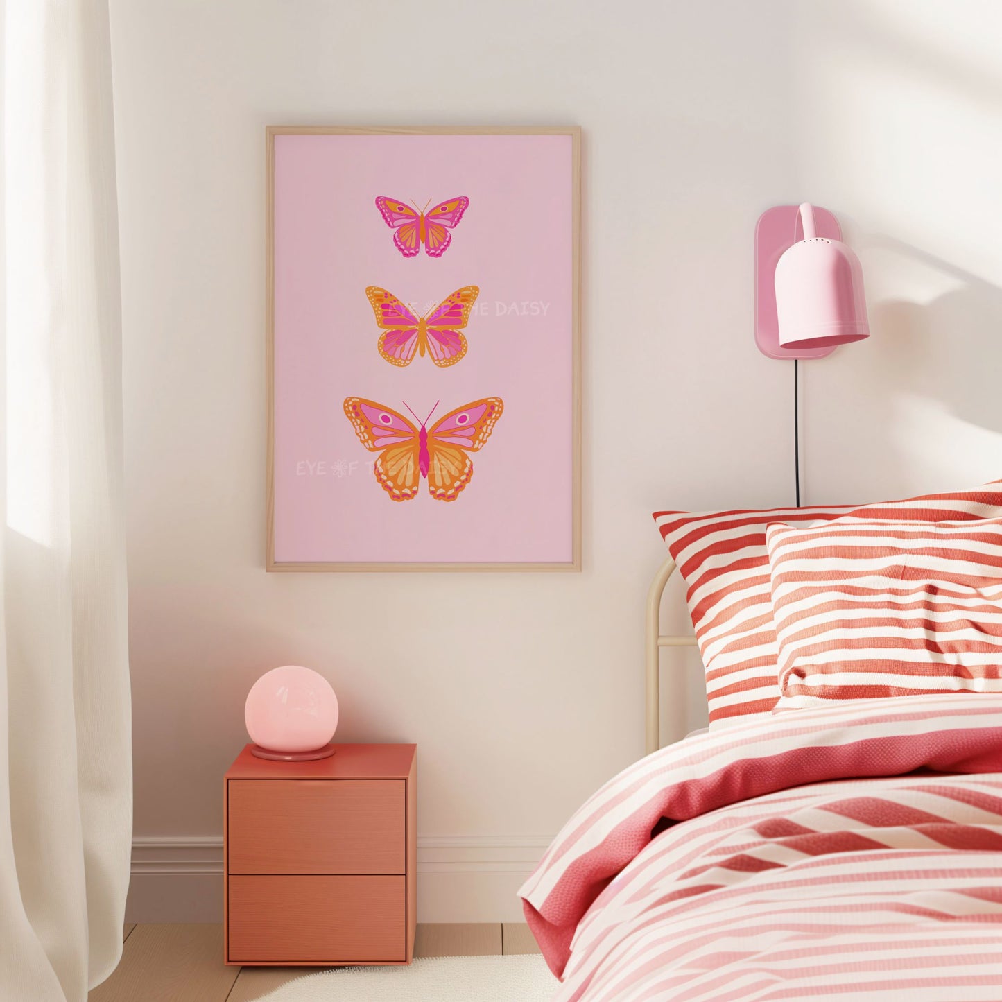 Printable retro butterfly art in orange and pink, vibrant dorm or student room digital download for cute Y2K or coquette wall decor