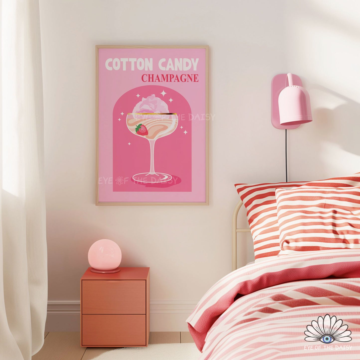 playful Cotton Candy Champagne cocktail wall art girly pink drink printable for college room or home bar