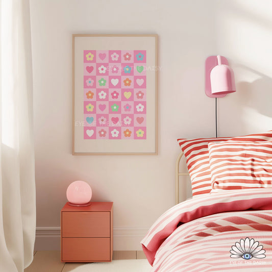 Whimsical pastel pink hearts and flowers poster, fun retro inspired wall art for children’s rooms