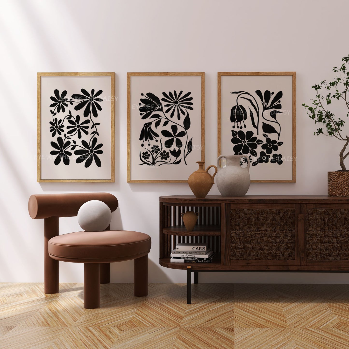 Modern living room floral print set of 3 – abstract black botanical cut-outs on beige, printable neutral wall art for gallery wall decor