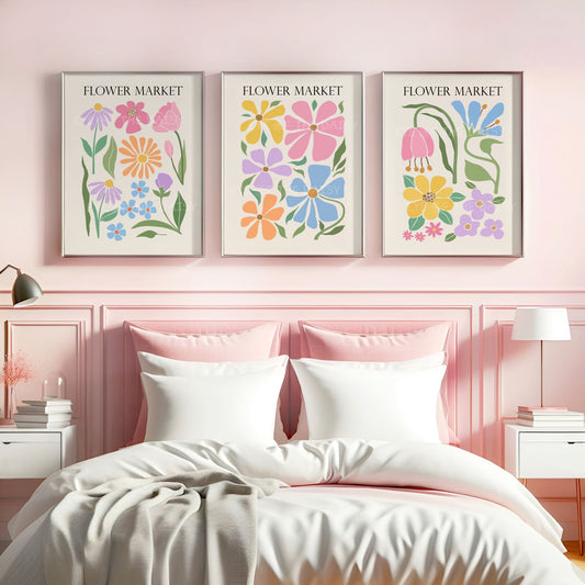 Boho bedroom pastel floral print set – colourful botanical cut-outs on beige, printable Flower Market posters for calm warm wall decor