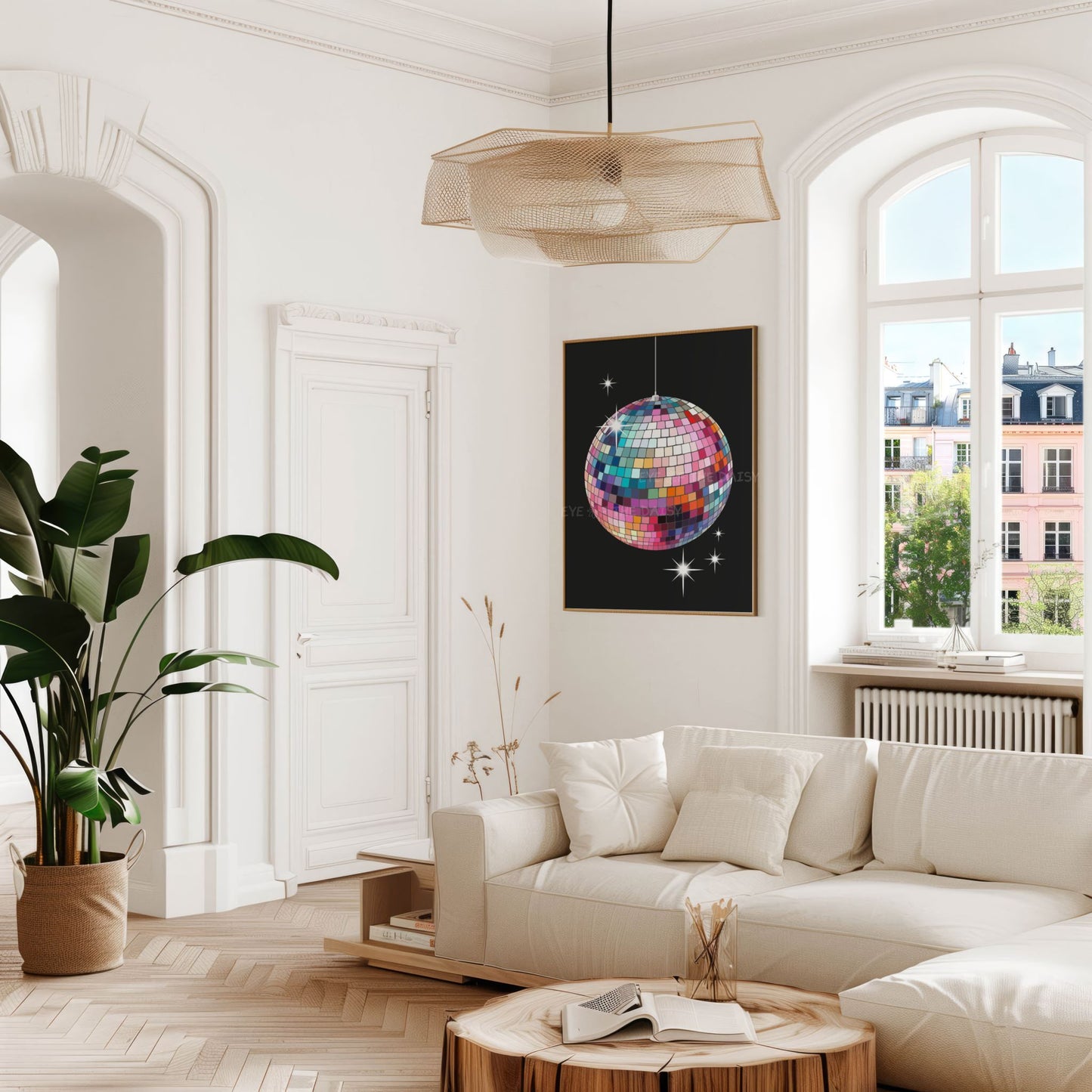 Funky hand drawn colourful mirror ball art print displayed on the wall in a modern apartment