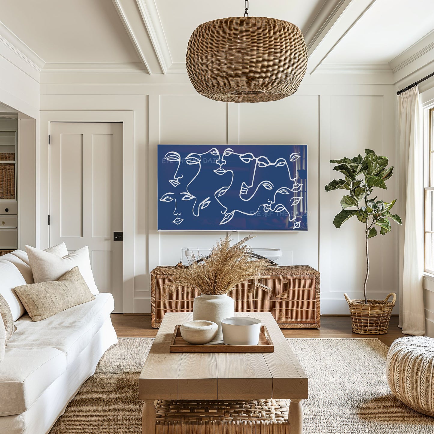 Navy Blue White Abstract Face 4K TV Art | Eclectic Face Line Art for TV Screen