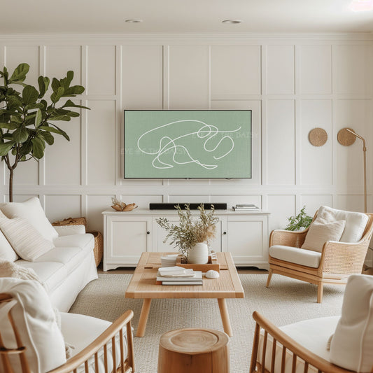 Sage Green White Minimal Scribble 4K TV Art | Boho Abstract Line Art for TV Screen