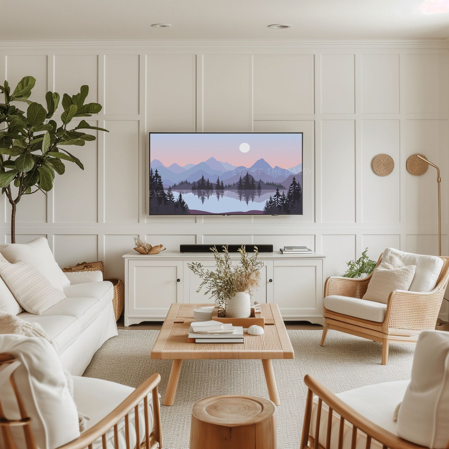 Lilac Blue Peach Landscape TV Art 4K | Mid Century Modern Mountain Lake Trees TV Art