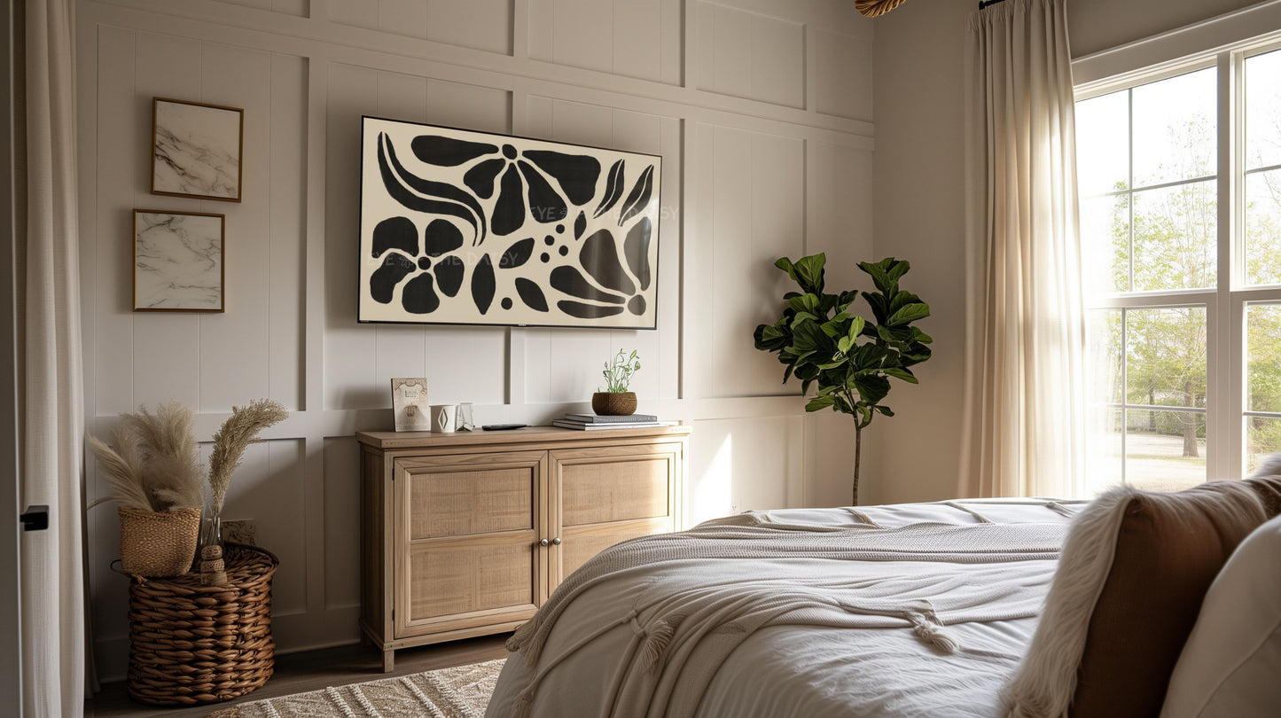 Black Beige Abstract Floral 4K TV Art | Boho Botanical Art for TV Screen