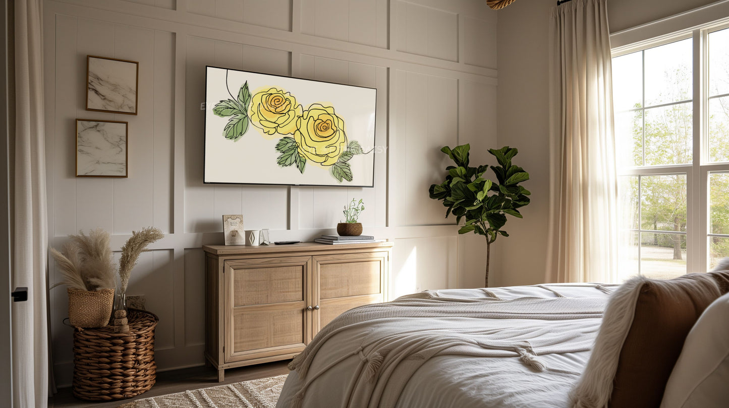 Yellow Roses Botanical Drawing 4K TV Art | Minimal Yellow Flowers Sketch TV Art 4K
