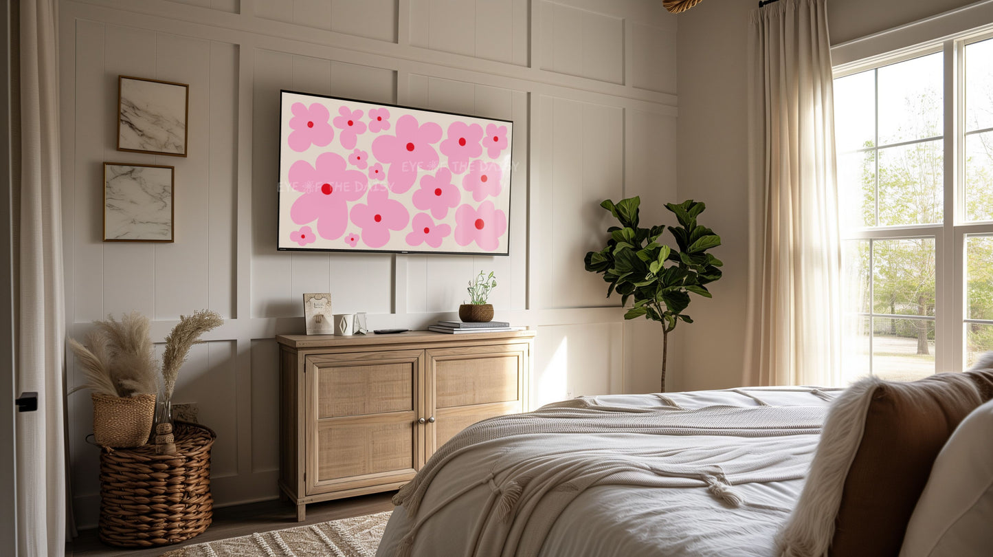 Pink Boho Floral 4K TV Art | Pink Beige Retro Daisy Flowers TV Artwork 4K