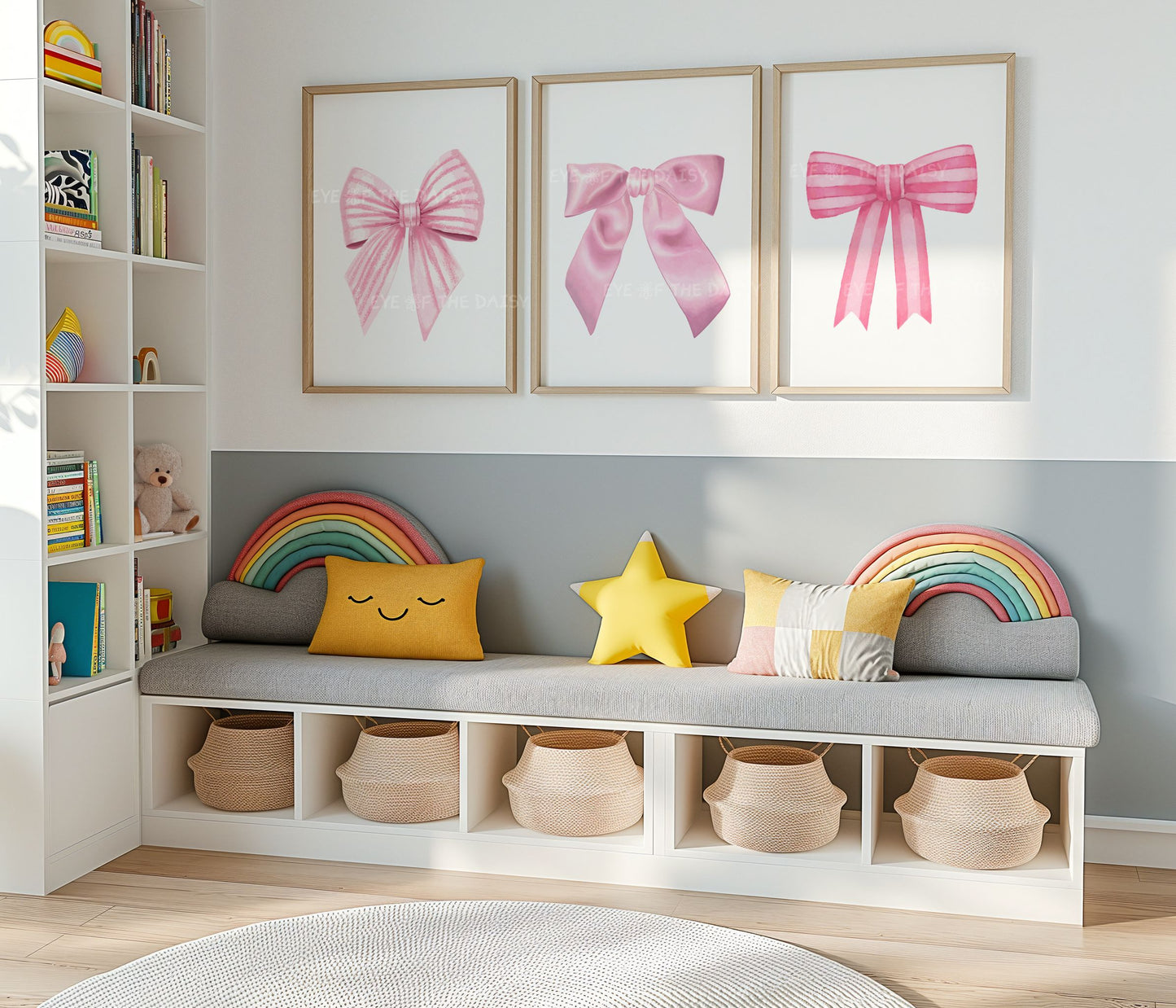 Pastel pink watercolor bows triptych – cute balletcore wall art set of 3, printable gallery wall perfect for toddler girls’ room or playroom