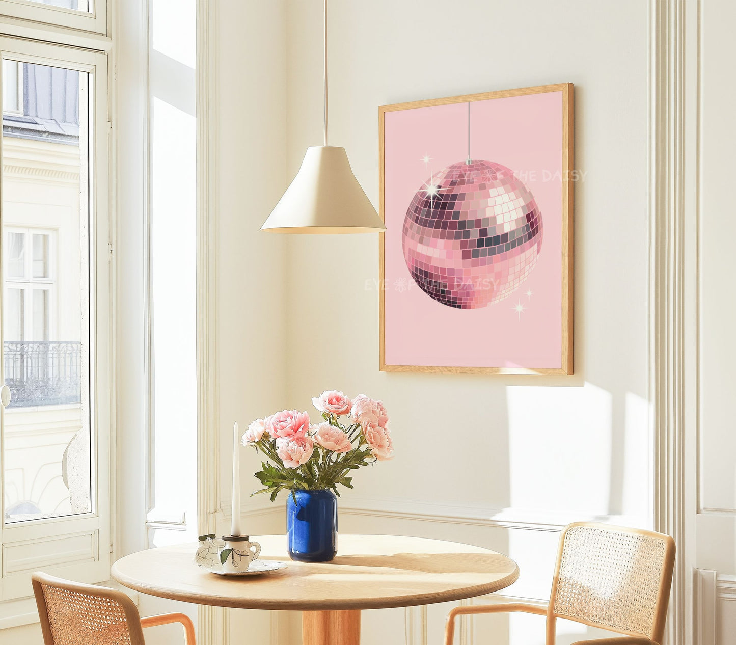 Girly mirror disco ball printable – pastel pink artwork, instant wall art download for bar cart or trendy apartment decor