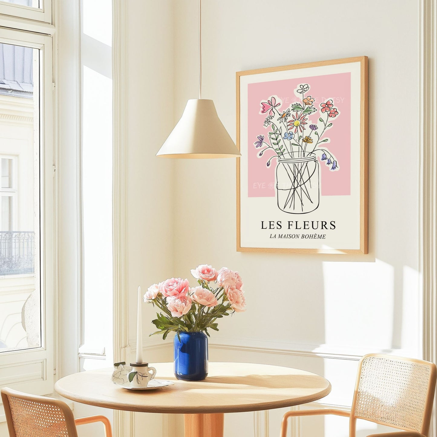 Boho pastel flowers digital print, with French phrase "Les Fleurs", perfect for modern chic apartment wall decor