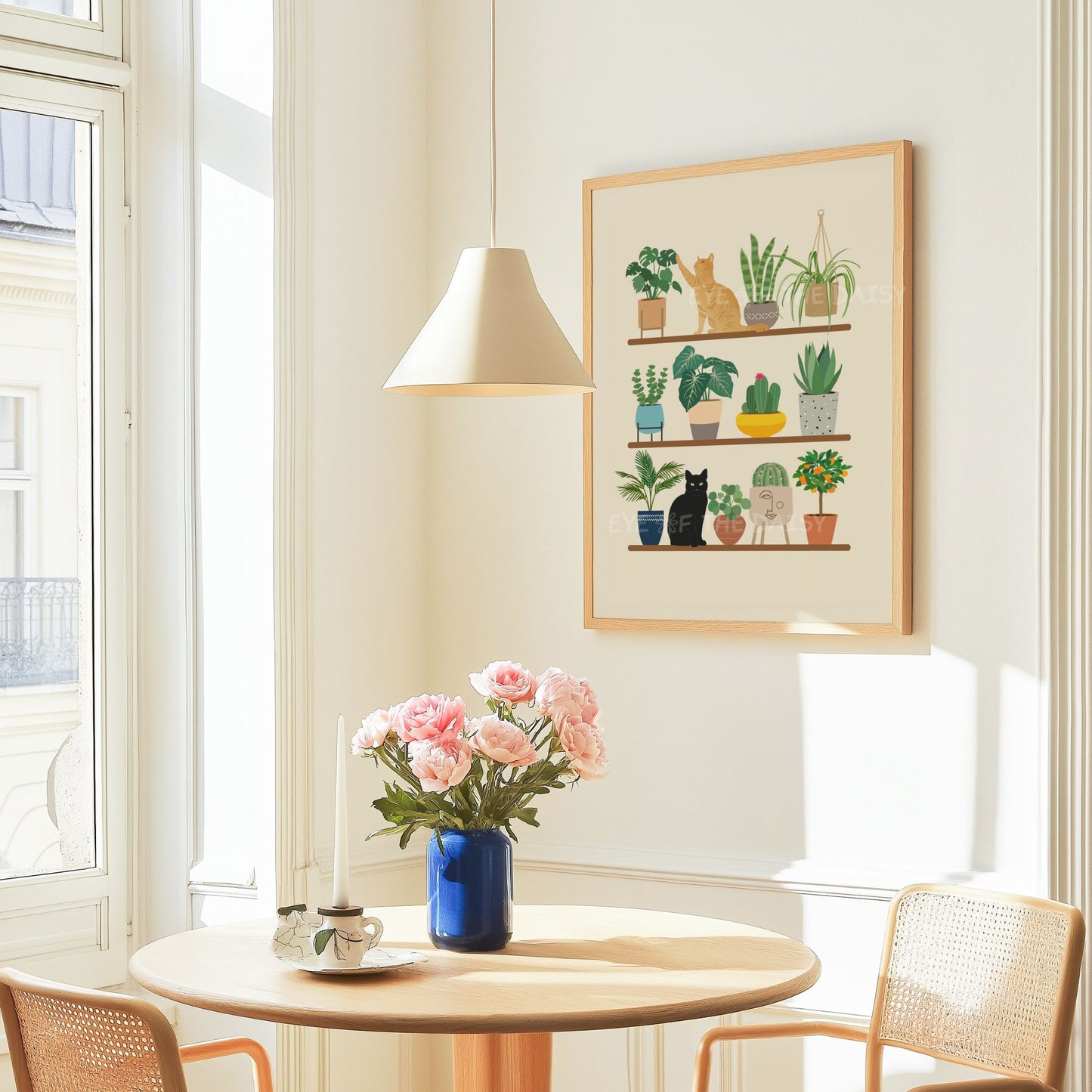 Cozy cats and houseplants on shelf poster – boho wall print download, botanical DIY decor for modern homes