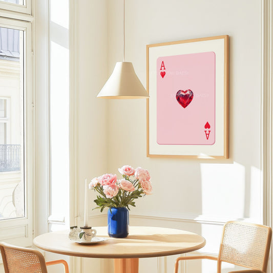Bold dopamine decor art print — pink and red Ace of Hearts wall printable, girly digital download for eclectic Scandinavian apartment style