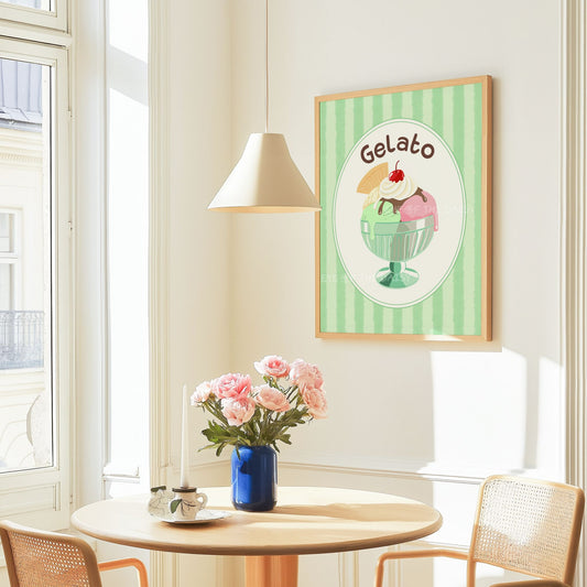 Hand drawn gelato print digital download in pastel green, pink and chocolate colours, in a trendy apartment