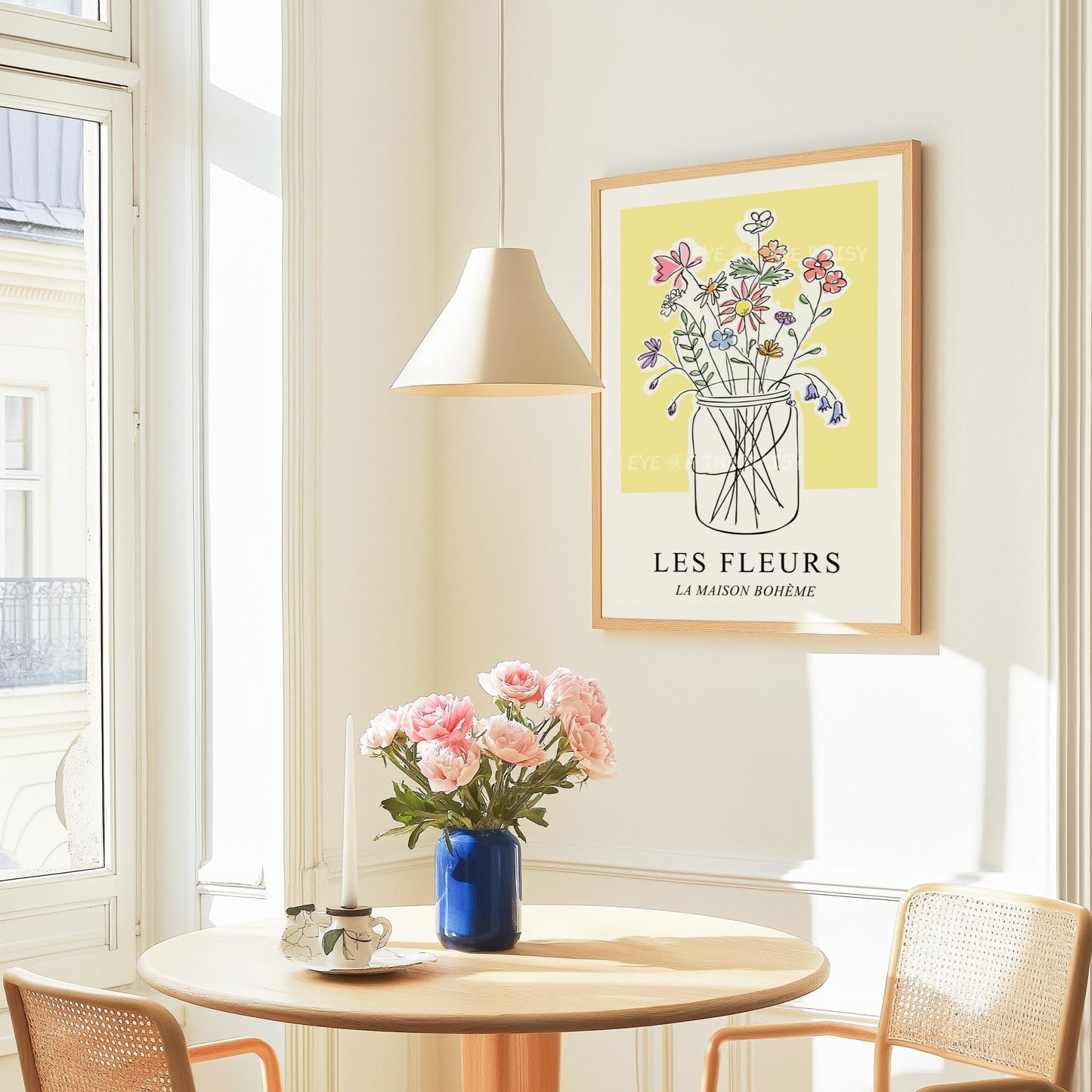 Wildflower jar art print – pastel sketch on soft yellow, digital download with boho chic, Scandinavian, and grandmillennial apartment vibes