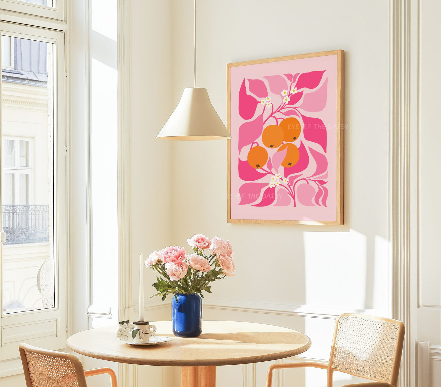 Contemporary orange tree wall decor in abstract botanical style – pink and orange tones on light pink in a trendy apartment