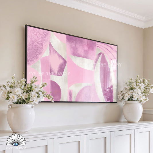MCM geometric TV art 4K, soft lilac and neutral abstract artwork styled in a modern apartment