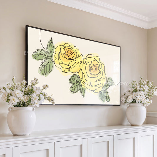 Yellow Roses Botanical Drawing 4K TV Art | Minimal Yellow Flowers Sketch TV Art 4K
