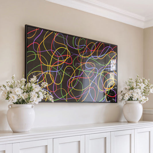 Contemporary Abstract Scribble TV Art 4K | Colourful Black Modern Art for TV Screen