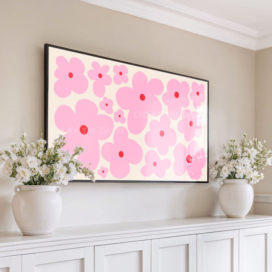 Pink Boho Floral 4K TV Art | Pink Beige Retro Daisy Flowers TV Artwork 4K