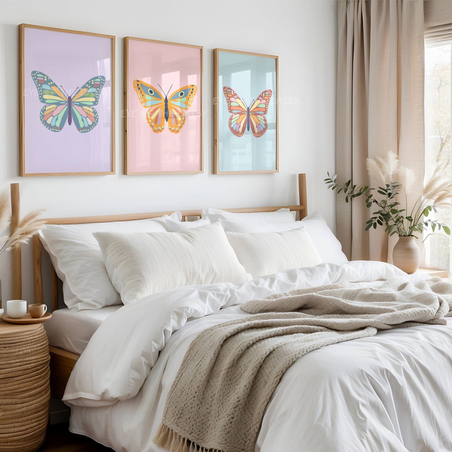 Set of three pastel pink, lilac & blue abstract butterfly printable art prints in a neutral tone boho bedroom