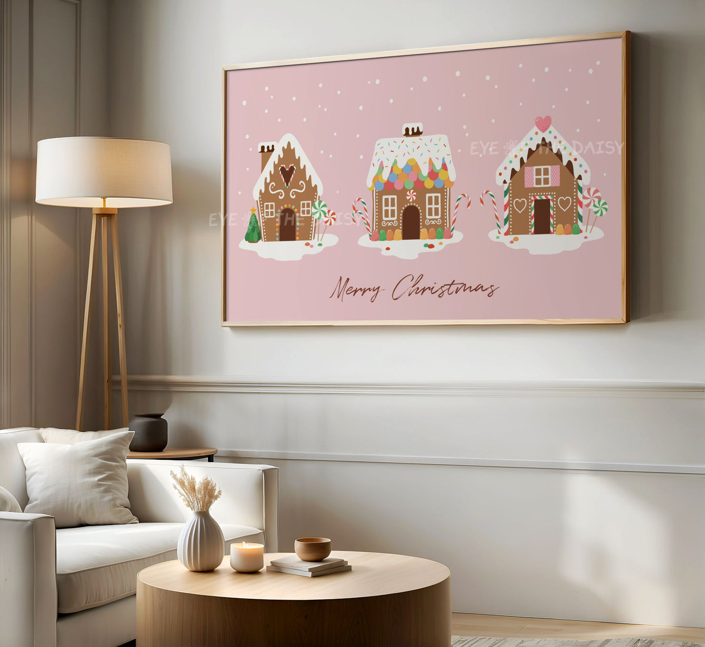 Pastel Pink Christmas Phrase 4K TV Art | Holiday Gingerbread Houses 4K Art for TV Screen
