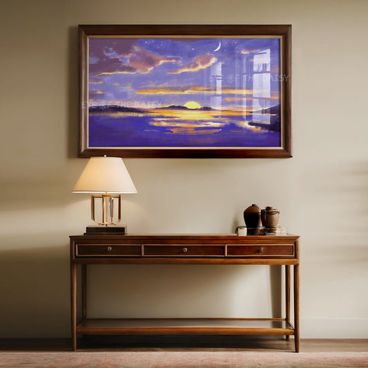 Abstract Moonlit Seascape 4K TV Art | Purple Yellow Coastal Landscape TV Art 4K